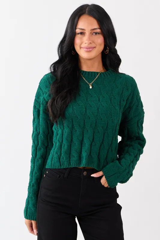Forest Green Semi Cropped Chenille Cable Knit Sweater - HYFVE