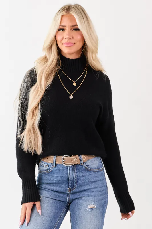 Black Mock Neck Relaxed Ribbed Trim Sweater - HYFVE