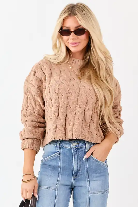 Camel Semi Cropped Chenille Cable Knit Sweater - HYFVE