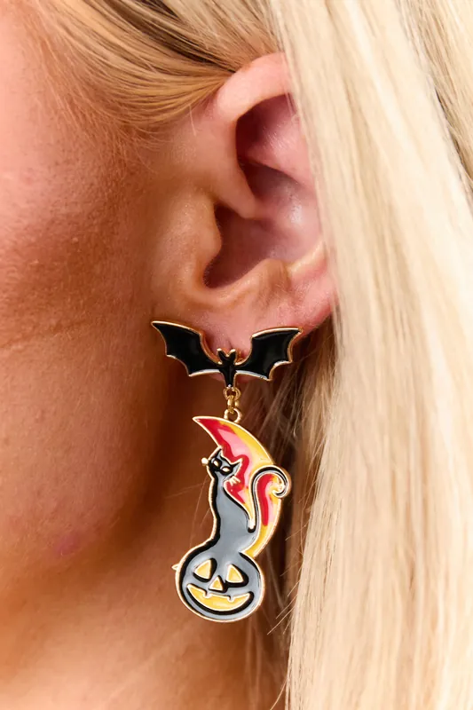 Black Bat and Cat Halloween Dangle Earrings - Sophia Collection