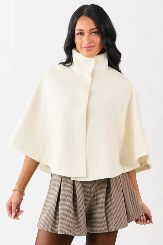 Lovelo Cream Wool Blend Snap Button Cape Jacket - GeeGee