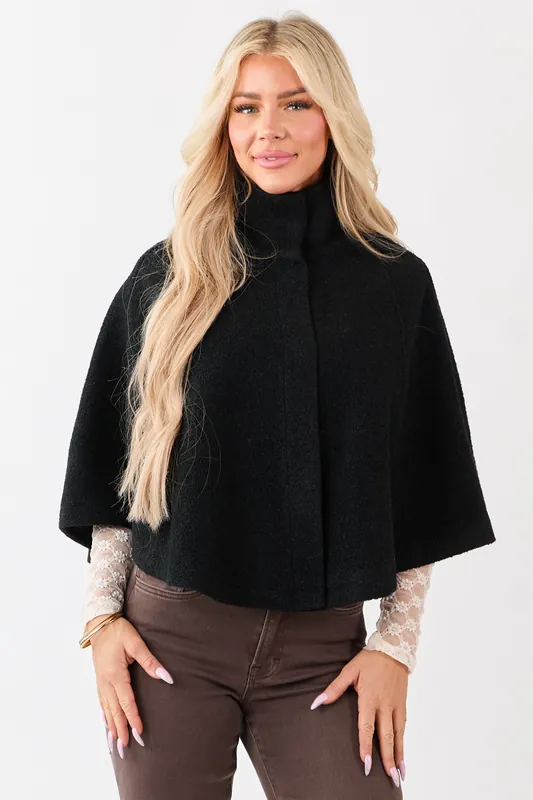 Lovelo Black Wool Blend Snap Button Cape Jacket - GeeGee