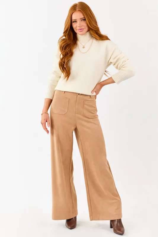 Lovelo Camel Faux Suede Patch Pocket Wide Leg Pants - GeeGee