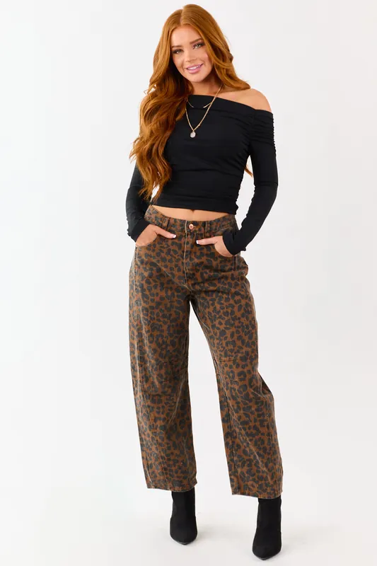 Entro Sepia Leopard Print High Rise Barrel Jeans