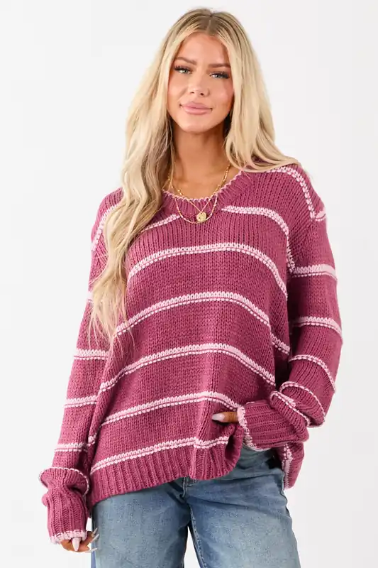 Berry Striped V-Neck Knit Pullover Sweater