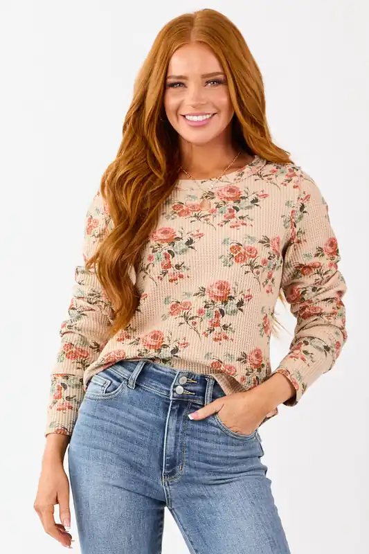 Beige Rose Print Waffle Knit Long Sleeve Top - BiBi