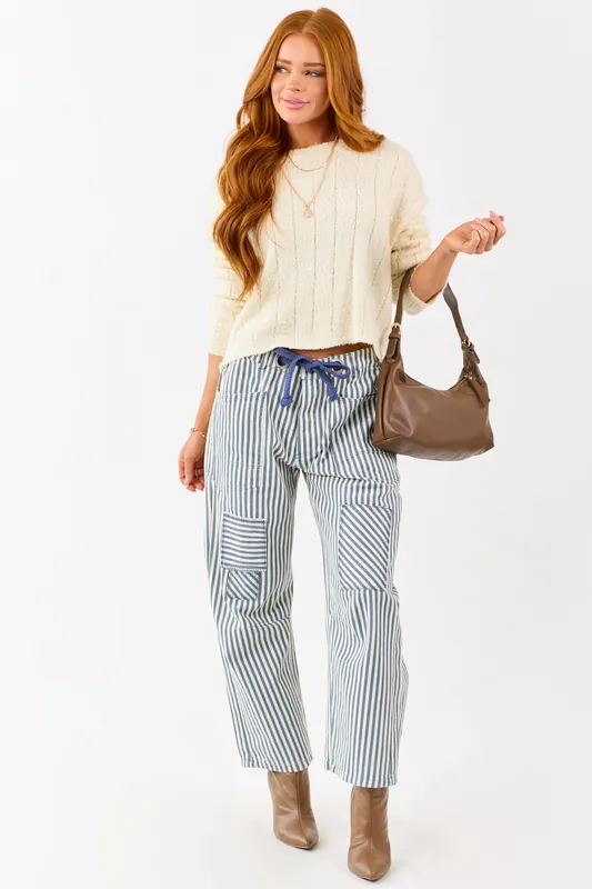 Ocean Striped Waist Tie Wide Patchwork Twill Pants - BiBi