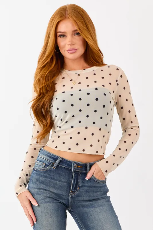 Sand and Black Polka Dot Mesh Long Sleeve Top - Metamorphosis Girl