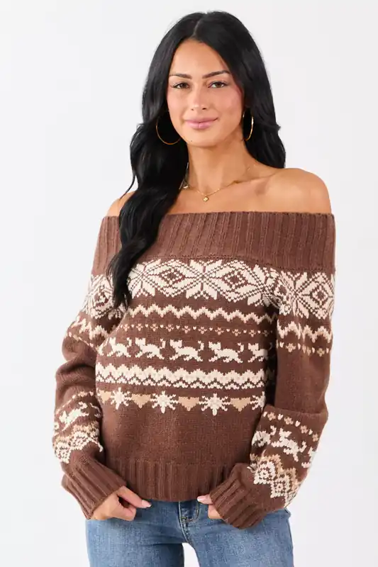 Coffee Fair Isle Pattern Off Shoulder Knit Sweater - Bluivy