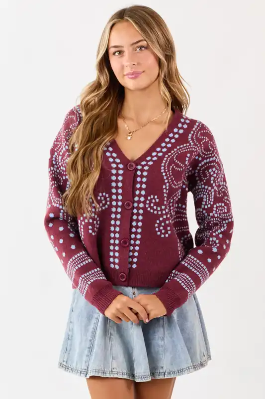 Berry Dot Art Damask Button Down Sweater Cardigan - &merci