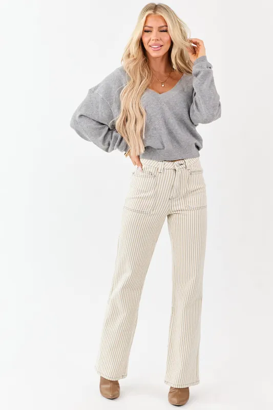 Mica Denim Oatmeal Striped Stretchy Straight Pants