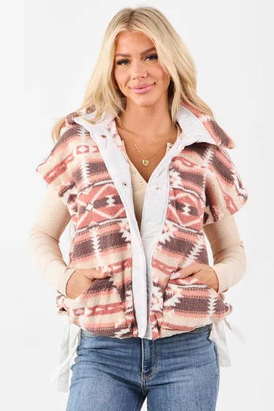 Lovelo Walnut High Collar Aztec Print Fleece Vest - GeeGee