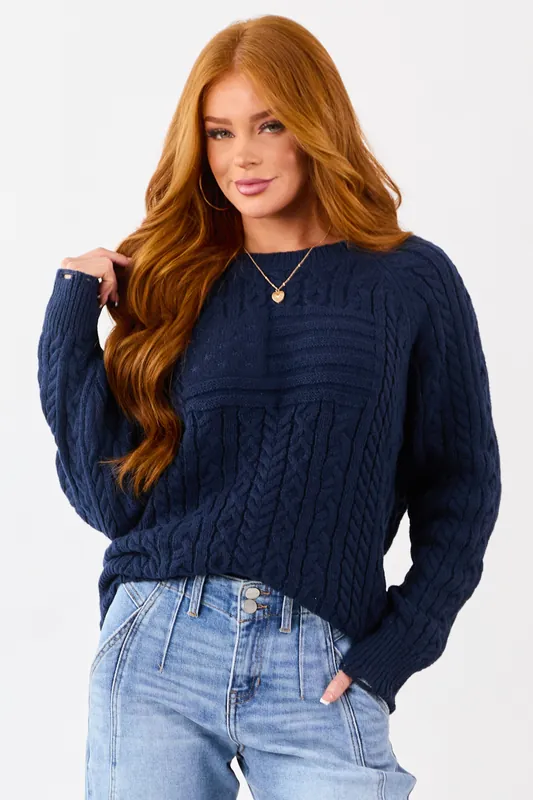 Lovelo Navy Cable Knit American Flag Detail Sweater - GeeGee