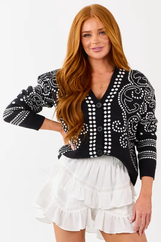 Black Dot Art Damask Button Down Sweater Cardigan - &merci