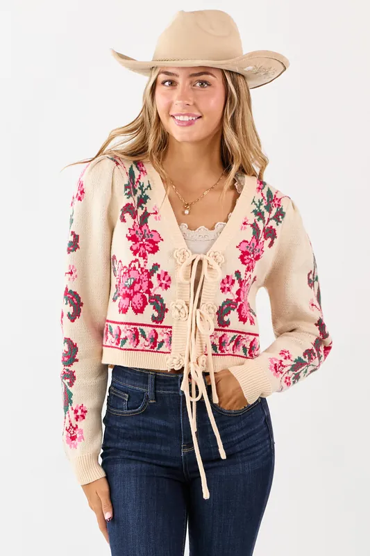 Sand Floral Print Tie Front Cropped Knit Cardigan - &merci