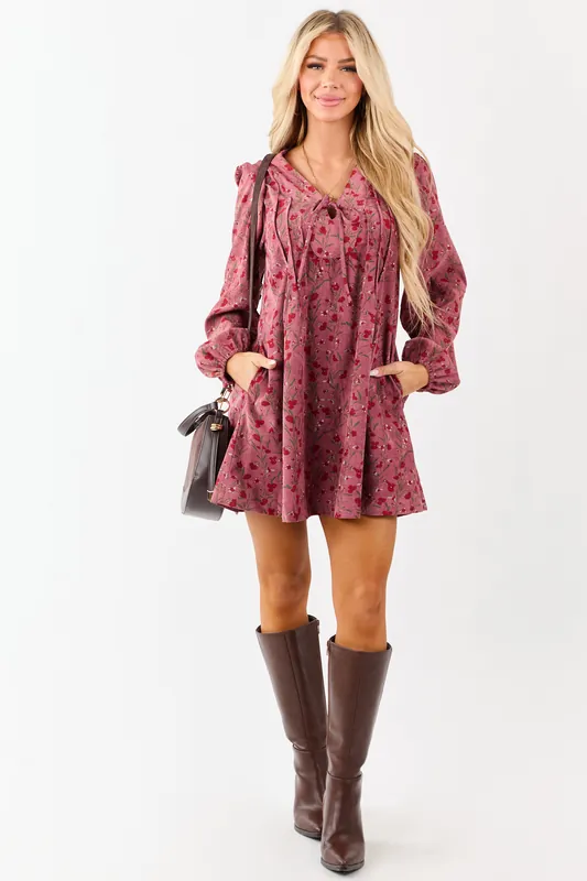 Dark Mauve Floral Corduroy Long Sleeve Mini Dress - &merci