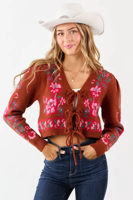 Spice Floral Print Tie Front Cropped Knit Cardigan - &merci