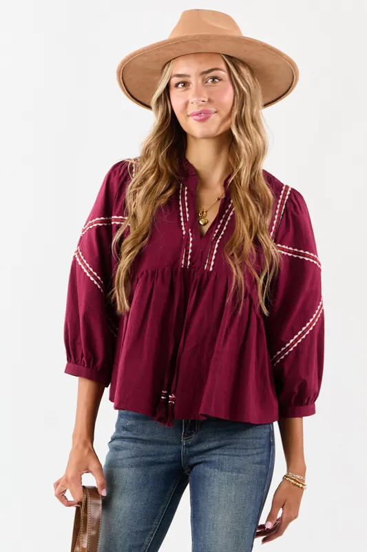 Maroon Embroidered Trim Babydoll Cotton Blouse - &merci