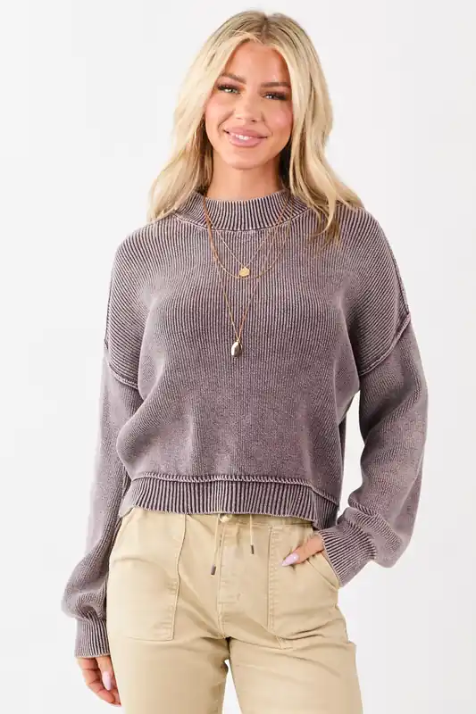Washed Eggplant Cotton Mock Neck Rib Knit Sweater - Blu Pepper