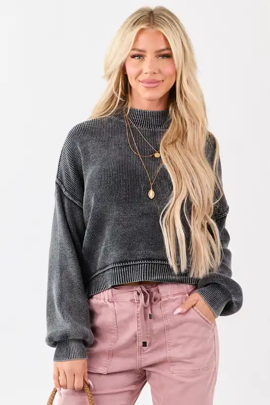 Washed Charcoal Cotton Mock Neck Rib Knit Sweater - Blu Pepper