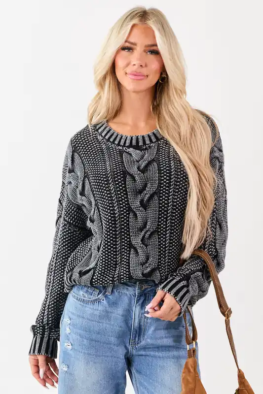Charcoal Washed Cotton Cable Knit Pullover Sweater - Blu Pepper