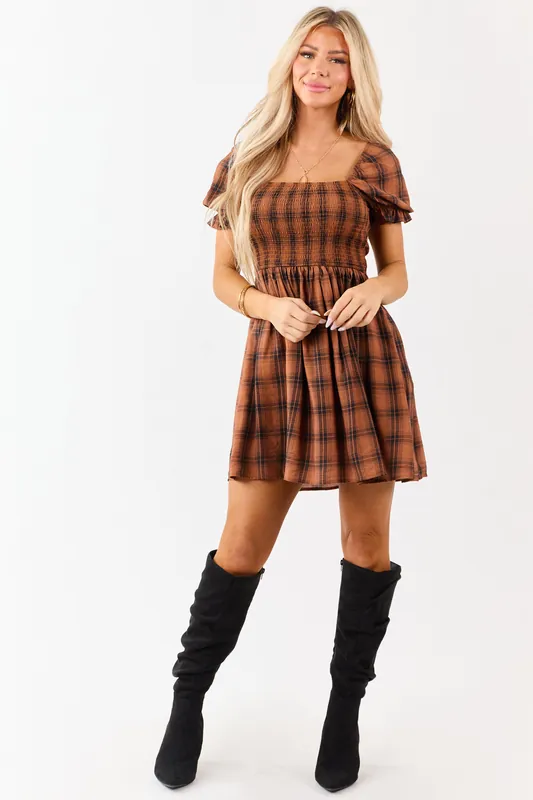 Dark Pumpkin Spice Plaid Smocked Mini Dress - Blu Pepper