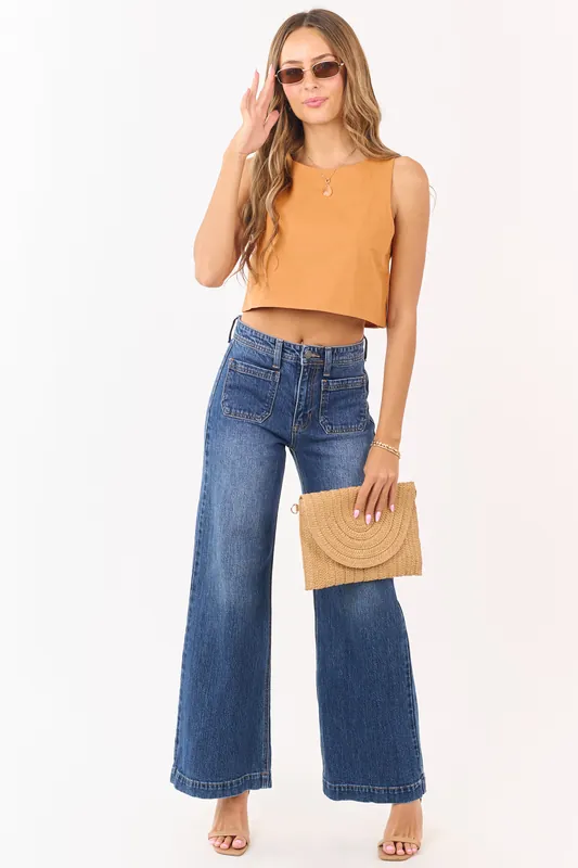 Dark Wash Patch Pocket High Rise Wide Leg Jeans - Just Panmaco