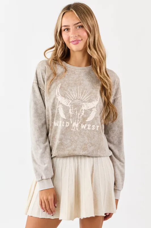 Khaki Acid Washed Western Graphic Knit Top - Blu Pepper
