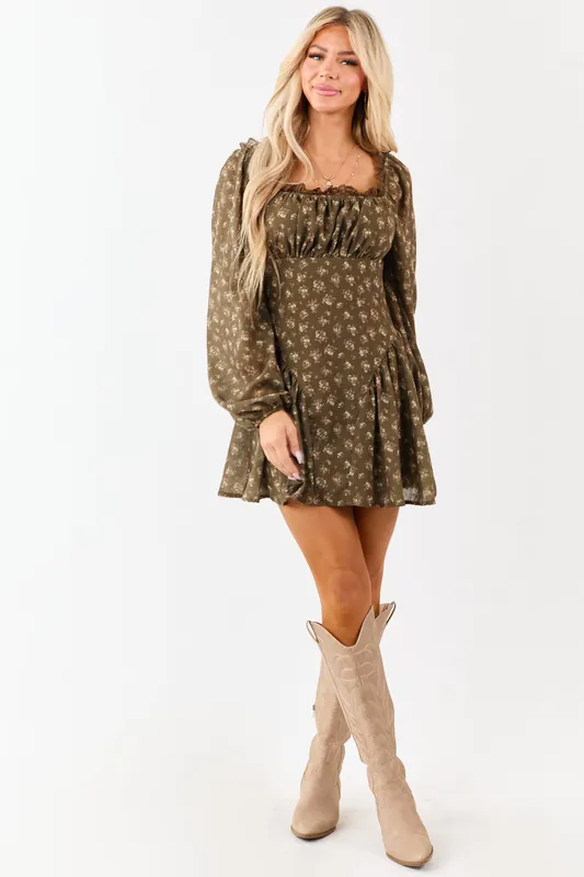 Army Green Floral Lace Trim Square Neck Mini Dress - LE LIS