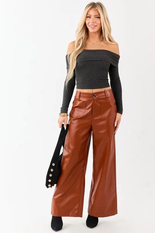 Lovelo Rust Faux Leather Wide Leg Pants - GeeGee