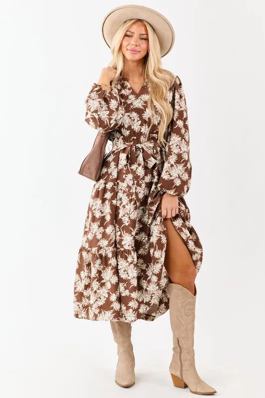 Light Cocoa Floral Waist Tie V-Neck Midi Dress