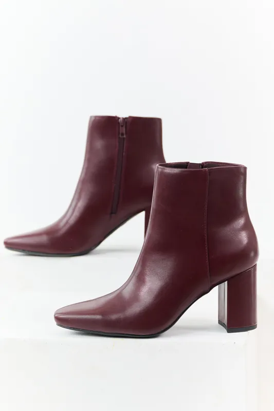 Wine Faux Leather Block Heel Pointed Toe Booties - FORTUNE DYNAMIC