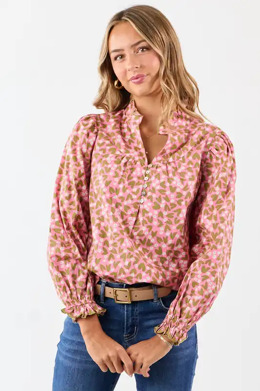 Bubblegum Cotton Floral Ruffle Trim Long Sleeve Top - Jodifl