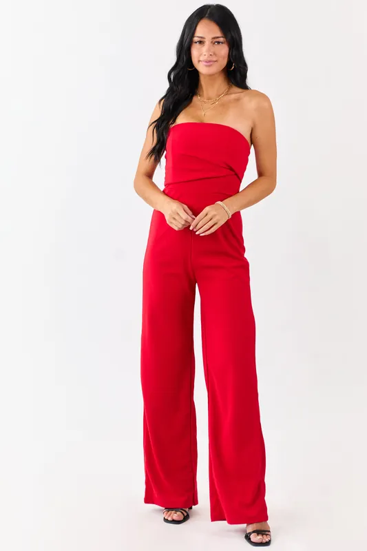 Lipstick Strapless Pleated Wide Leg Knit Jumpsuit - Fore Collection