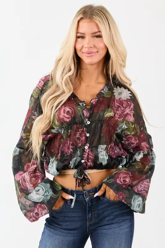 Black Chiffon Sheer Floral Metallic Swiss Dot Top - Fore Collection