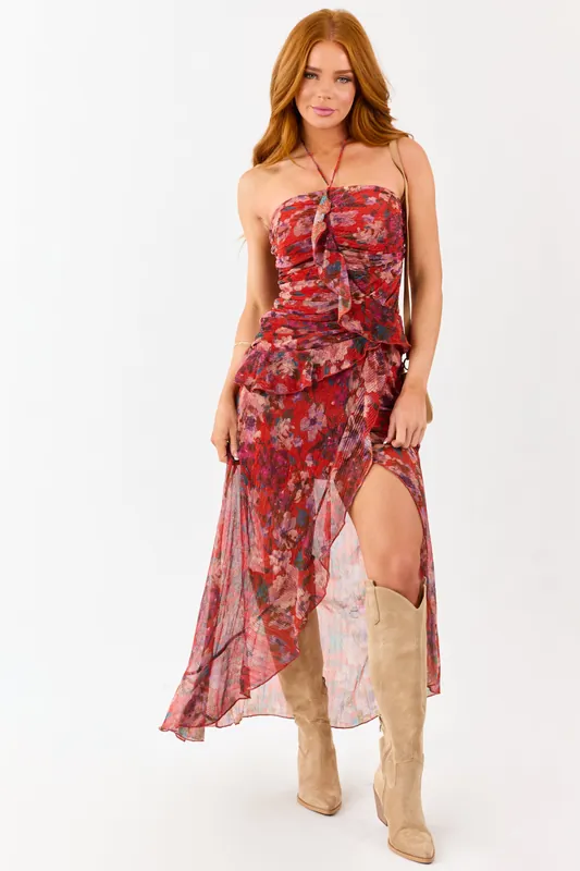Scarlet Floral Print Ruffle Trim Plisse Maxi Dress - Fore Collection