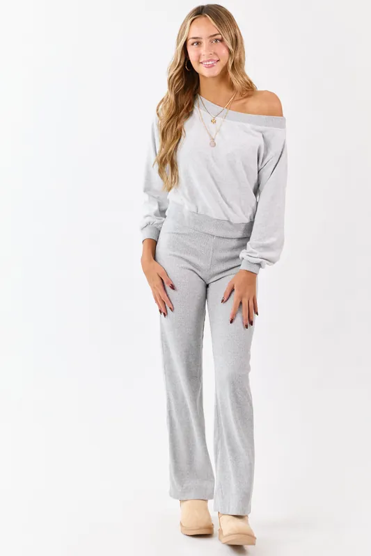 Cloud Grey Rib Knit Elastic Waist Wide Leg Pants - Shop Iris