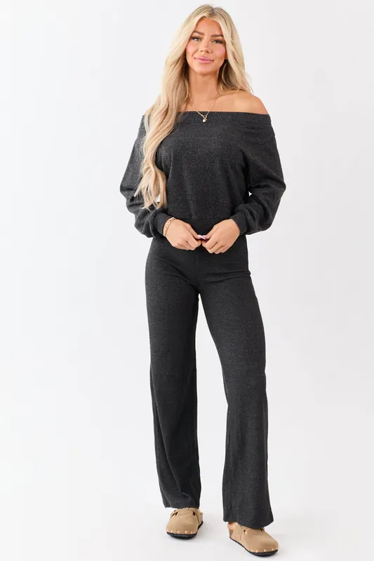 Charcoal Rib Knit Elastic Waist Wide Leg Pants - Shop Iris