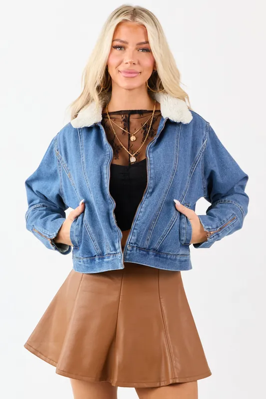 Medium Wash Fleece Lined Zip Up Denim Jacket - Shop Iris