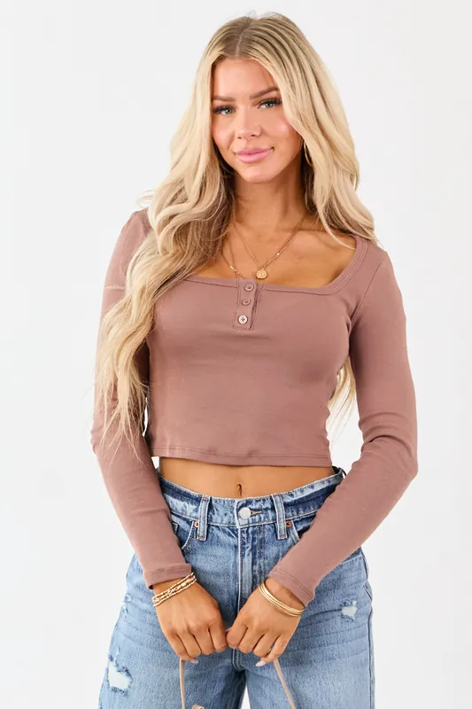 Coffee Long Sleeve Crop Cotton Henley Top - Shop Iris