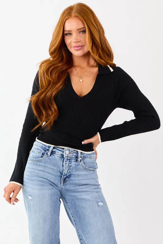 Black Contrast Trim Collared Knit Sweater Top - Shop Iris