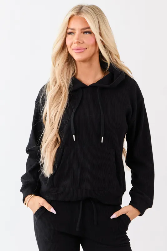 Black Rib Knit Drawstring Hooded Sweatshirt - Shop Iris