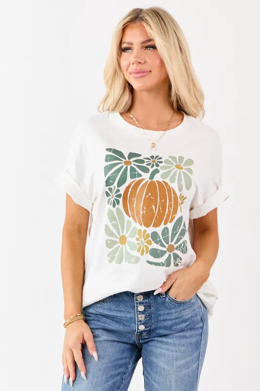 Off White Pumpkin Graphic Short Sleeve Top - Shewin