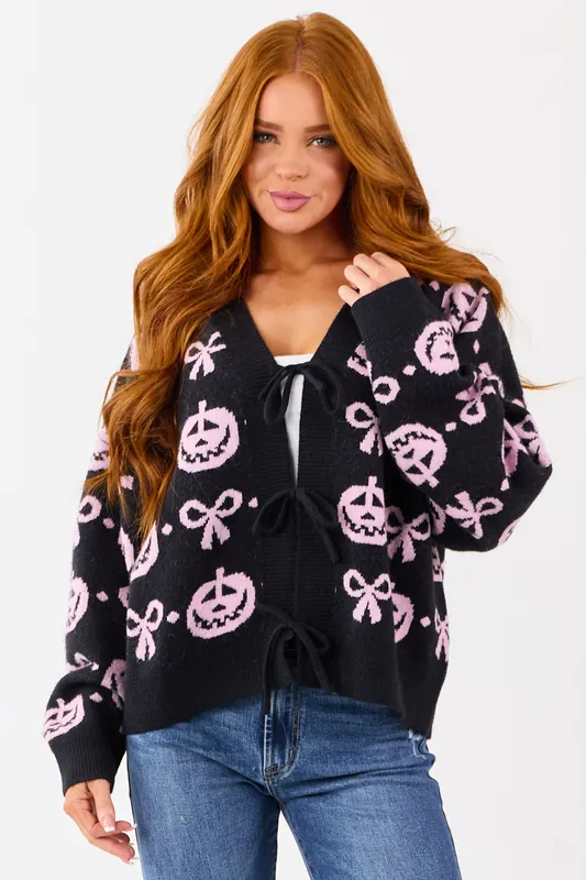 Black Halloween Pattern Tie Front Sweater Cardigan - Peach Love