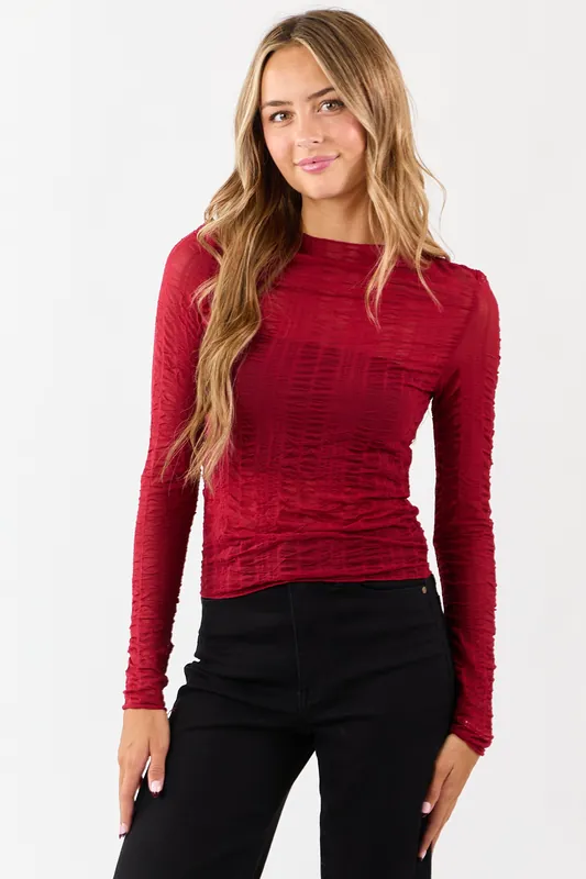 Cranberry Sheer Mesh Textured Long Sleeve Top - Metamorphosis Girl