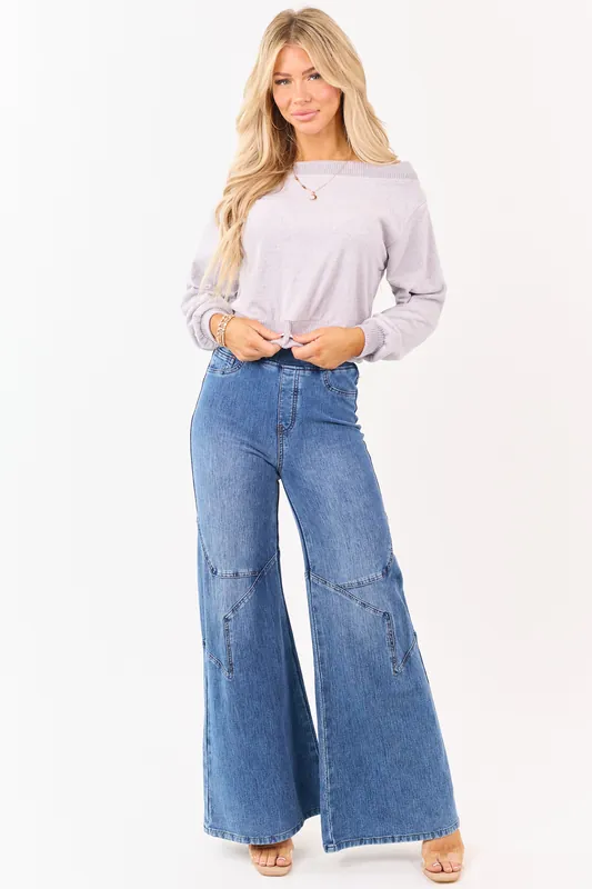 Saige Medium Wash Star Stretchy Wide Pull On Jeans - Saige Denim