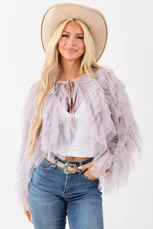 Dusty Lavender Tulle Ruffle Cropped Cardigan - Privy