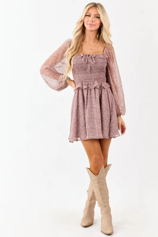 Mauve Floral Print Smocked Bodice Flowy Mini Dress - Privy