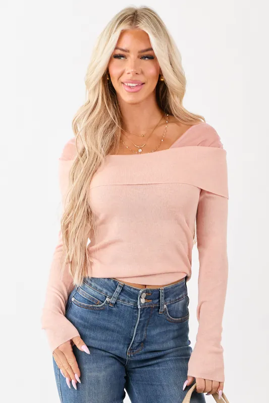 Tea Rose Cropped Off Shoulder Long Sleeve Knit Top - Privy