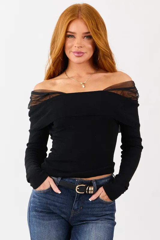 Black Cropped Off Shoulder Long Sleeve Knit Top - Privy